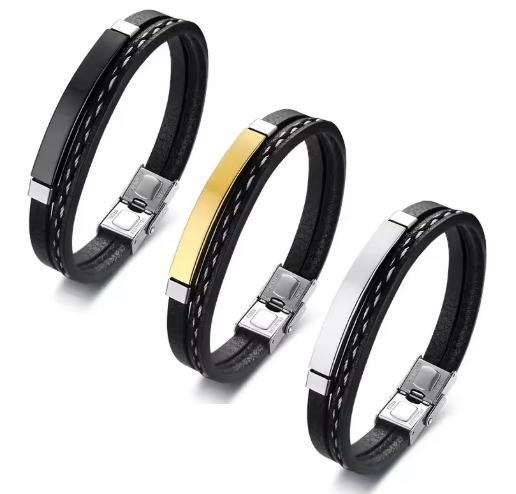 Pulseira Masculina em Couro e Aço Inoxidável - ThunderBrace