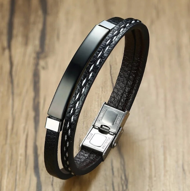 Pulseira Masculina em Couro e Aço Inoxidável - ThunderBrace