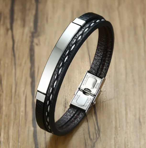 Pulseira Masculina em Couro e Aço Inoxidável - ThunderBrace